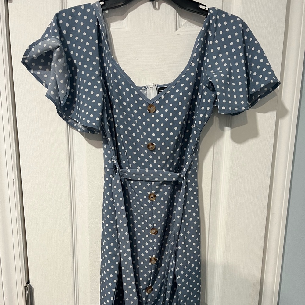 Adorable blue polka dot Emily in Paris style dress